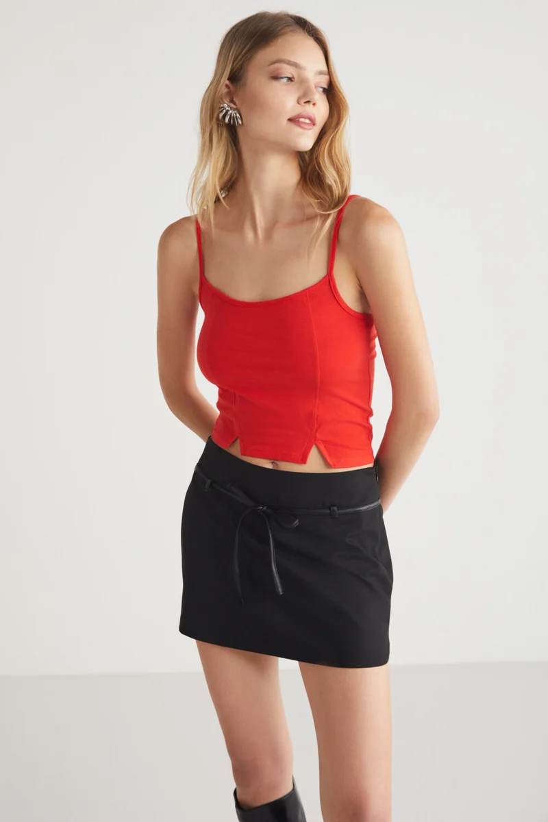 GRIMELANGE Mikela Women's Cotton Viscose Blend Strappy Crop Red Blouse
