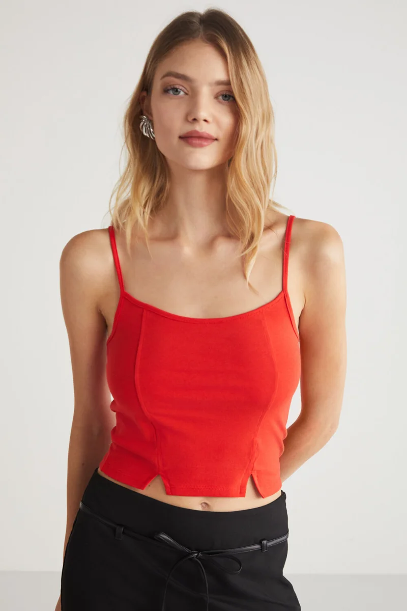 GRIMELANGE Mikela Women's Cotton Viscose Blend Strappy Crop Red Blouse
