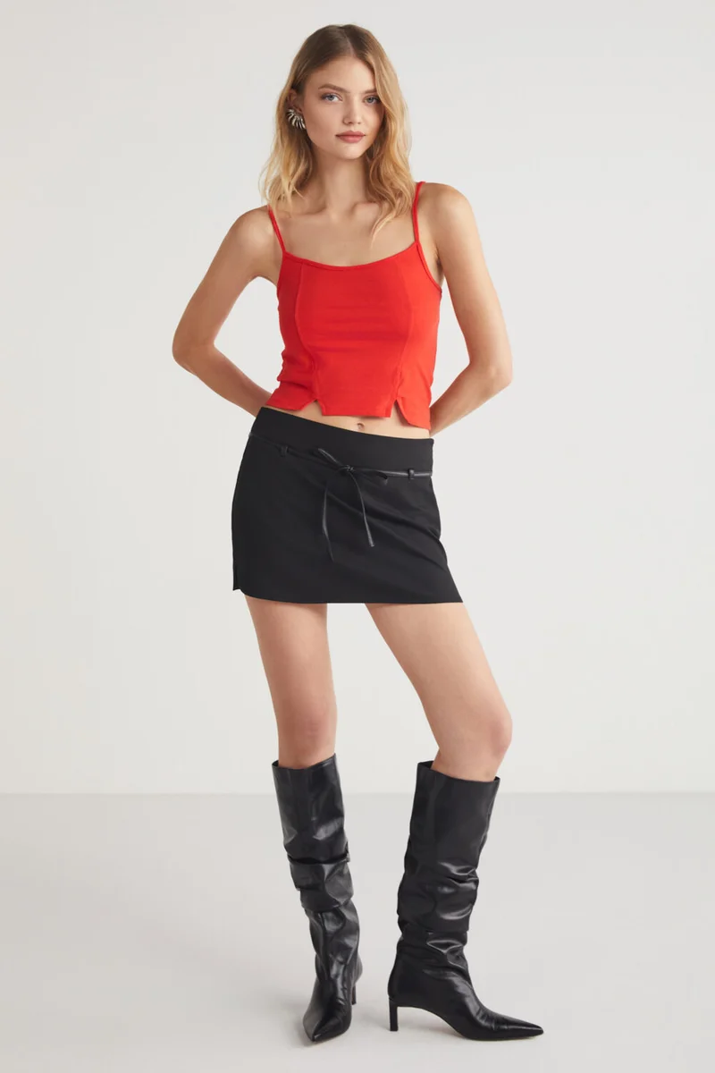 GRIMELANGE Mikela Women's Cotton Viscose Blend Strappy Crop Red Blouse