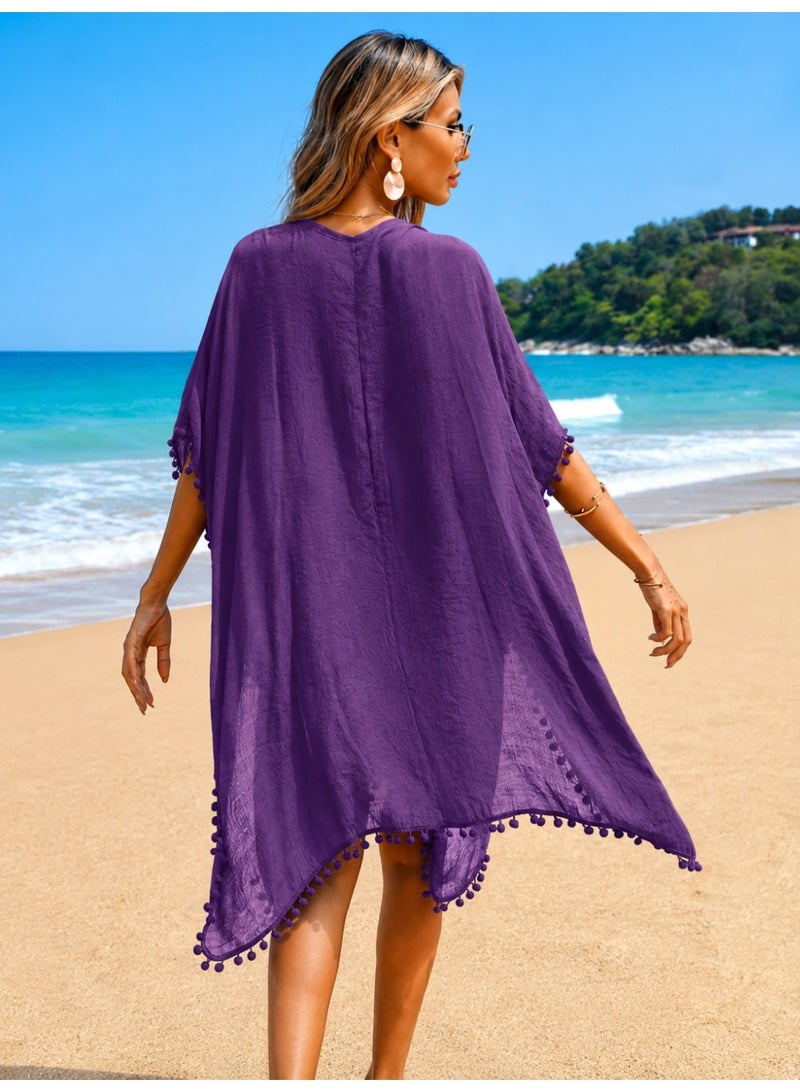 Beach Dress for Ladies | Elegant Viscose Women's Purple Beach Cover Up Kaftan Dress Lightweight Summer Beachwear Swimsuit Cover Up Bikini Cover Up V Neck Loose Fit Beach Dress Oversized Kaftan Plus Size Beach Cover Up Plus Size Kaftan Plus Size Beach Dress Boho Pom Pom Trim Cover Up Flowy Resort Wear Pool Cover Up Vacation Outfit Holiday Beach Dress Swimwear Cover Up Tunic Dress Casual Summer Dress Quick Dry Beach Cover Up Elegant Beach Kaftan Relaxed Fit Cover Up Sheer Beach Dress Fashion Beachwear for Women Poolside Cover Up Cruise Wear Tropical Vacation Clothing Holiday Resort Outfit Beach Tunic Kimono Style Cover Up Lounge Beach Dress Stylish Swim Cover Up Lightweight Vacation Dress Bohemian Beach Kaftan Travel Beachwear Coastal Resort Wear Chic Beach Outfit Summer Holiday Dress Oversized Beachwear Breathable Beach Cover Up Women's Resort Kaftan Fashion Swim Cover Up Purple Beach Tunic Elegant Vacation Wear Beach Vacation Essential One Size Fits Most Loose Oversized Fit, One Size - Image 4