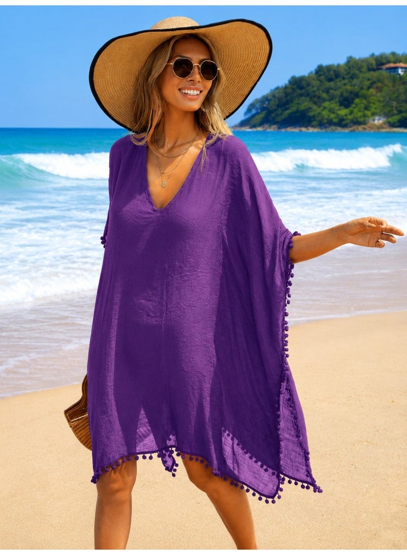 Beach Dress for Ladies | Elegant Viscose Women's Purple Beach Cover Up Kaftan Dress Lightweight Summer Beachwear Swimsuit Cover Up Bikini Cover Up V Neck Loose Fit Beach Dress Oversized Kaftan Plus Size Beach Cover Up Plus Size Kaftan Plus Size Beach Dress Boho Pom Pom Trim Cover Up Flowy Resort Wear Pool Cover Up Vacation Outfit Holiday Beach Dress Swimwear Cover Up Tunic Dress Casual Summer Dress Quick Dry Beach Cover Up Elegant Beach Kaftan Relaxed Fit Cover Up Sheer Beach Dress Fashion Beachwear for Women Poolside Cover Up Cruise Wear Tropical Vacation Clothing Holiday Resort Outfit Beach Tunic Kimono Style Cover Up Lounge Beach Dress Stylish Swim Cover Up Lightweight Vacation Dress Bohemian Beach Kaftan Travel Beachwear Coastal Resort Wear Chic Beach Outfit Summer Holiday Dress Oversized Beachwear Breathable Beach Cover Up Women's Resort Kaftan Fashion Swim Cover Up Purple Beach Tunic Elegant Vacation Wear Beach Vacation Essential One Size Fits Most Loose Oversized Fit, One Size - Image 2