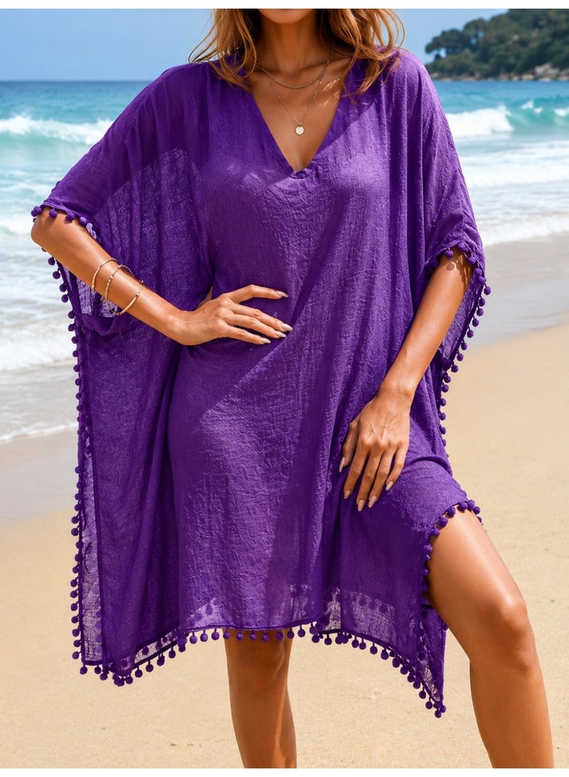 Beach Dress for Ladies | Elegant Viscose Women's Purple Beach Cover Up Kaftan Dress Lightweight Summer Beachwear Swimsuit Cover Up Bikini Cover Up V Neck Loose Fit Beach Dress Oversized Kaftan Plus Size Beach Cover Up Plus Size Kaftan Plus Size Beach Dress Boho Pom Pom Trim Cover Up Flowy Resort Wear Pool Cover Up Vacation Outfit Holiday Beach Dress Swimwear Cover Up Tunic Dress Casual Summer Dress Quick Dry Beach Cover Up Elegant Beach Kaftan Relaxed Fit Cover Up Sheer Beach Dress Fashion Beachwear for Women Poolside Cover Up Cruise Wear Tropical Vacation Clothing Holiday Resort Outfit Beach Tunic Kimono Style Cover Up Lounge Beach Dress Stylish Swim Cover Up Lightweight Vacation Dress Bohemian Beach Kaftan Travel Beachwear Coastal Resort Wear Chic Beach Outfit Summer Holiday Dress Oversized Beachwear Breathable Beach Cover Up Women's Resort Kaftan Fashion Swim Cover Up Purple Beach Tunic Elegant Vacation Wear Beach Vacation Essential One Size Fits Most Loose Oversized Fit, One Size - Image 5