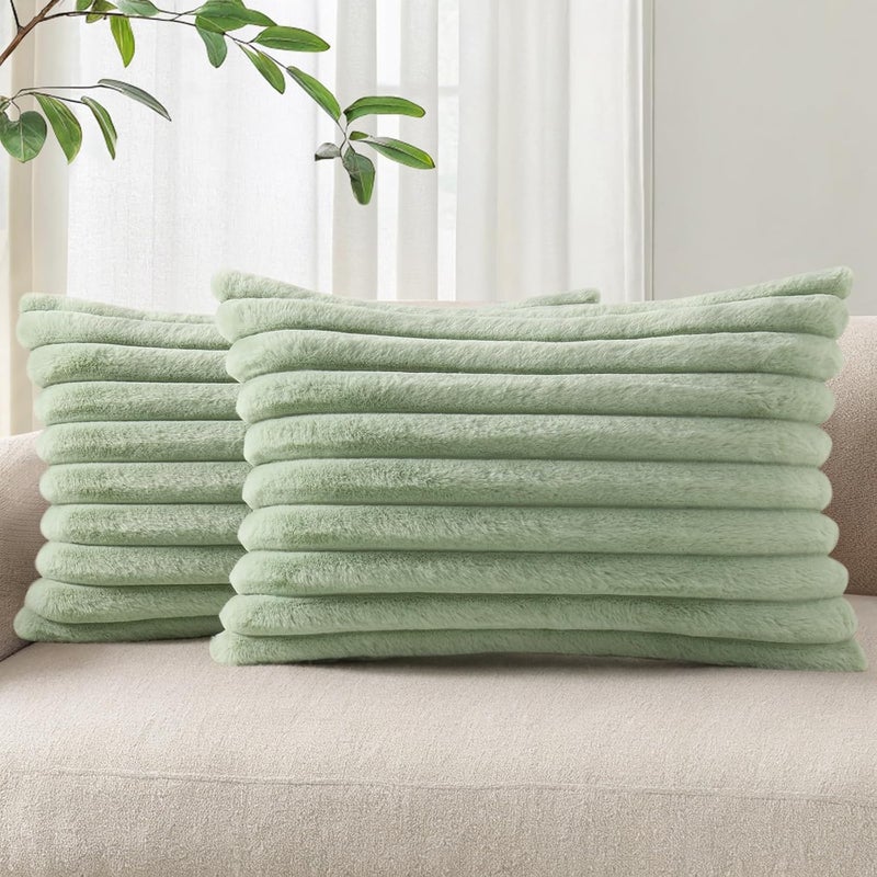 Pallene Faux Fur Plush Lumbar Throw Pillow Covers 12x20 Set of 2, Luxury Soft Fluffy Striped Decorative Pillow Covers for Sofa, Couch, Living Room, Sage Green - Image 1