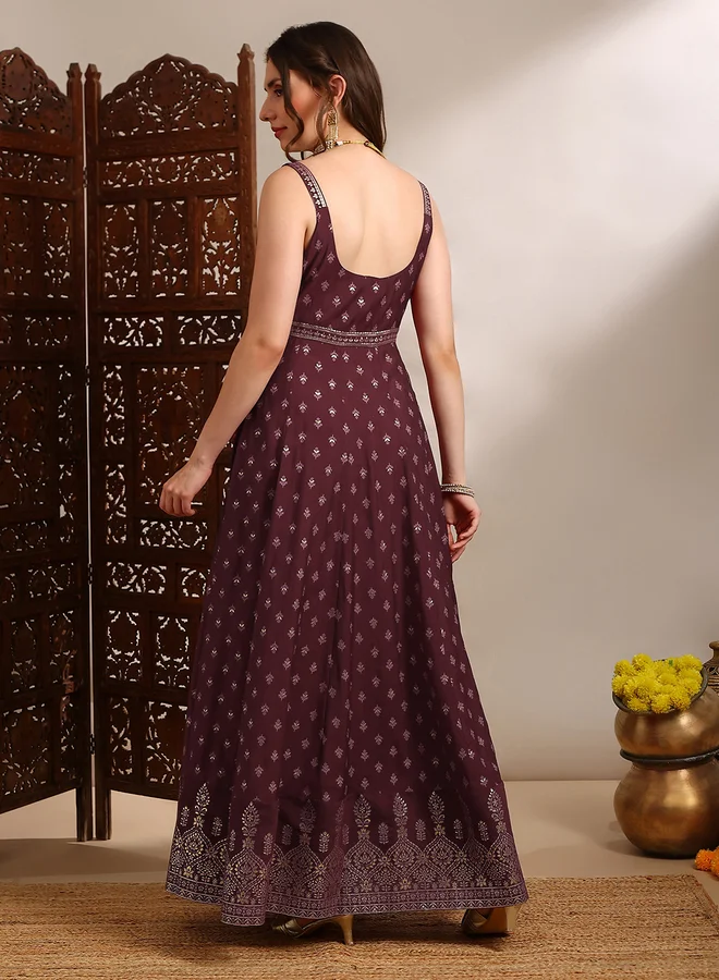 globus  Women Maroon Gold Foil Print Ethnic Maxi Dress for Women | Best Price UAE