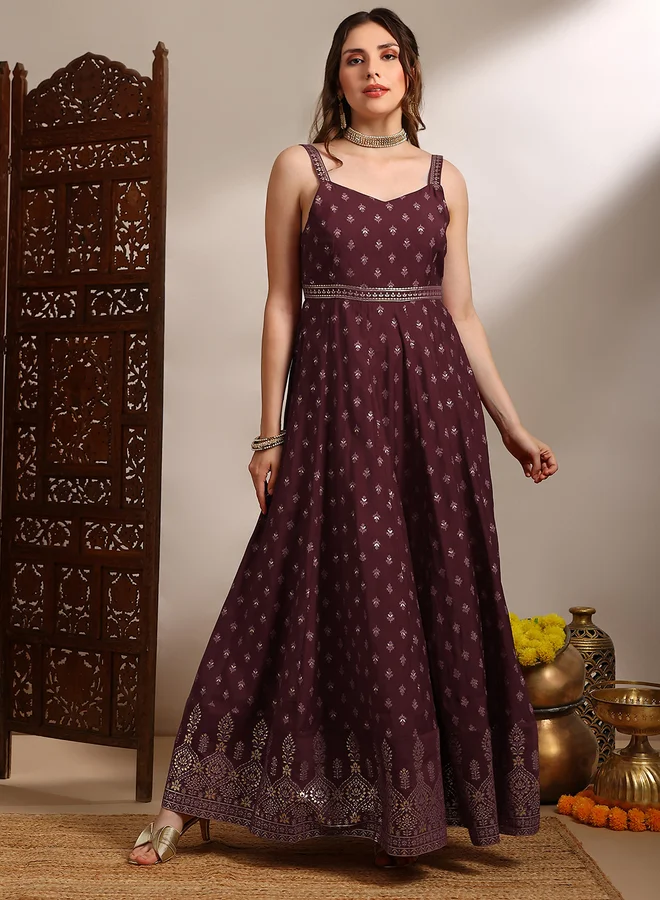 globus  Women Maroon Gold Foil Print Ethnic Maxi Dress for Women | Best Price UAE