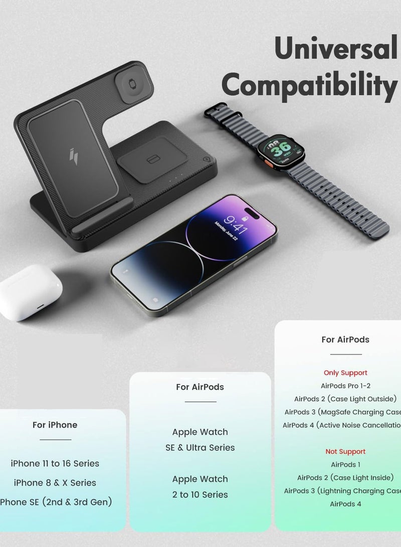 مورتيكو محطة شحن الشاحن اللاسلكي iPhone: 3 في 1 شاحن حاملات متعددة لـ Apple - iPhone 16e 16 15 14 Pro Max 13 12 11 - Watch 10 9 8 7 6 5 4 3 2 SE و Ultra Series - AirPods 4 3 2 Pro - Image 3