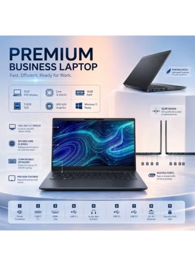 لابتوب أعمال احترافي 13.3 بوصة شاشة كاملة الدقة، معالج i5، ذاكرة 16 جيجابايت، هارد 512 جيجابايت SSD، ويندوز 11 للعمل والإنتاجية - Image 2