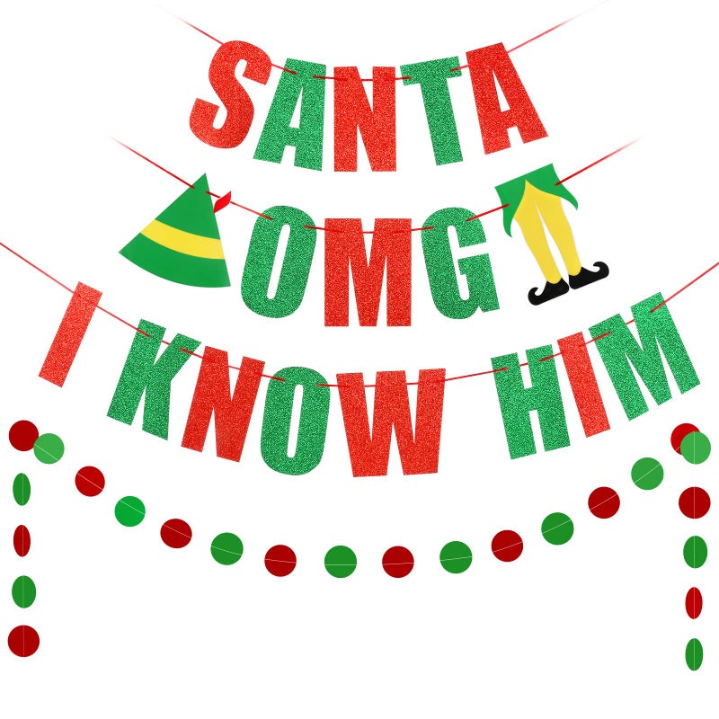 LeeSky OMG Santa I Know Him Banner Red Green Buddy The Elf Christmas Decorations Buddy The Elf Banner for Buddy The Elf Movie Christmas Decorations - Image 2