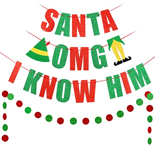 LeeSky OMG Santa I Know Him Banner Red Green Buddy The Elf Christmas Decorations Buddy The Elf Banner for Buddy The Elf Movie Christmas Decorations - Image 1