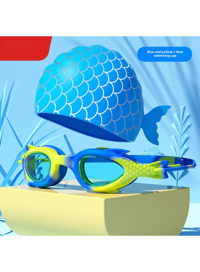 Generic Children's Swimming Goggles Anti-fog Boys And Girls Small Frame Goggles Swimming Training Diving Swimming HD Waterproof Professional Equipment-Color:Blue Yellow Fish Cartoon Silicone Cap - Image 1