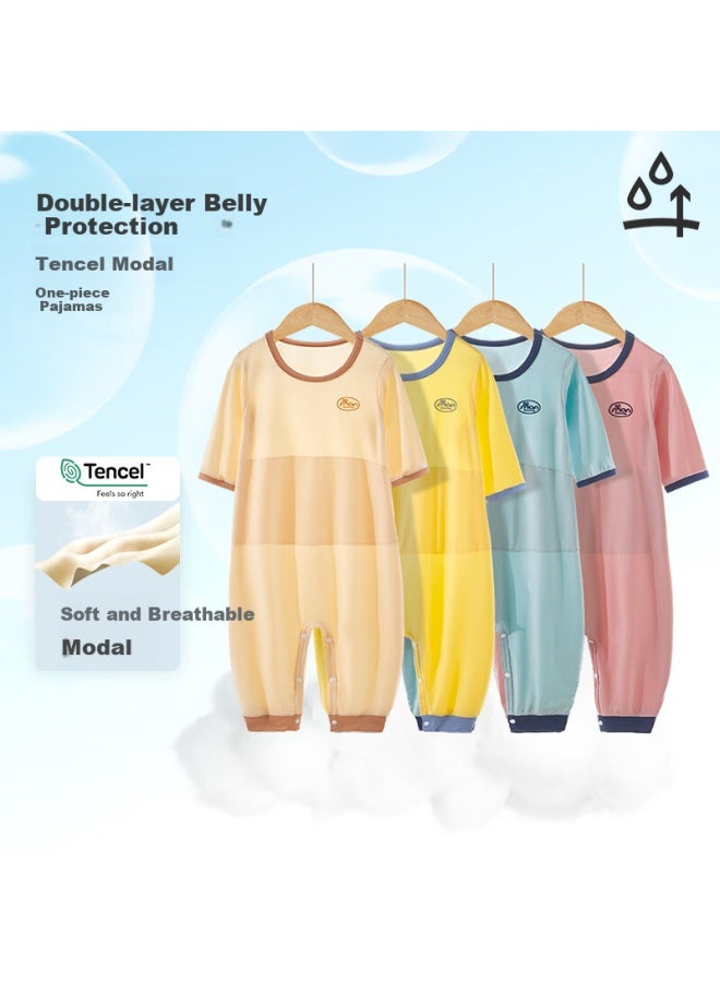 Shanbaomay Summer Children's Romper Blue Modal Thin Seven-point Sleeve Boys And Girls Home Wear Cream Apricot Size 130 - Image 1