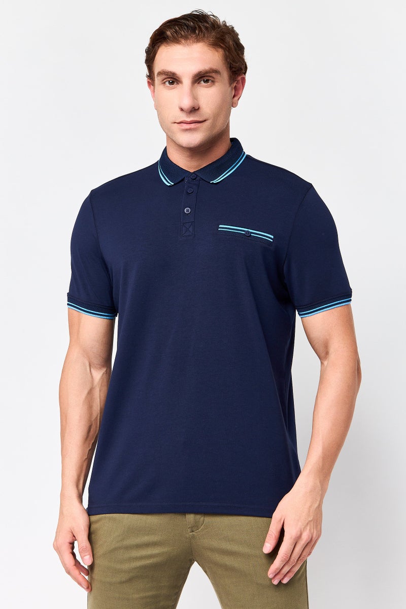 Report Collection Men Regular Fit Stripe Short Sleeve Polo Shirt, Navy Blue - Image 1
