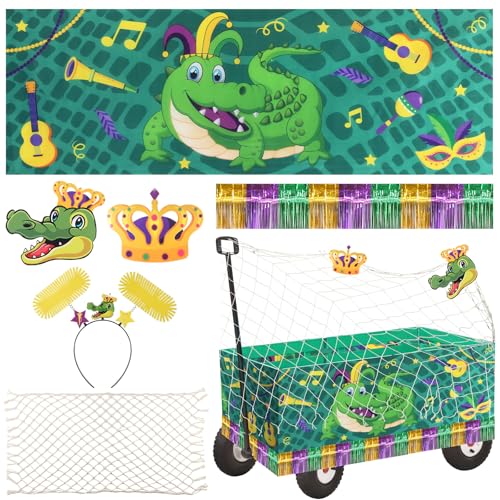 Saypacck 6 Pcs Mardi Gras Wagon Float Decoration Set 1 Crocodile Cloth 1 Crown 1crocodile Head 1beige Cotton Twine Net 1purple Golden Rain Curtain 1felt Hairband for Carnival Float Parade Party Supply - Image 1