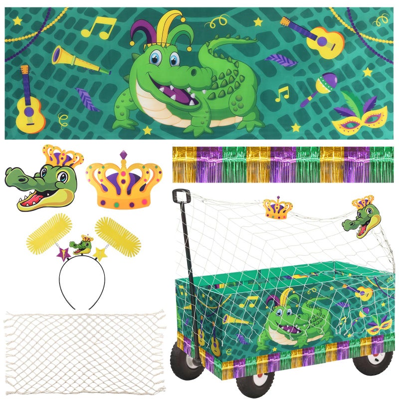 Saypacck 6 Pcs Mardi Gras Wagon Float Decoration Set 1 Crocodile Cloth 1 Crown 1crocodile Head 1beige Cotton Twine Net 1purple Golden Rain Curtain 1felt Hairband for Carnival Float Parade Party Supply - Image 3
