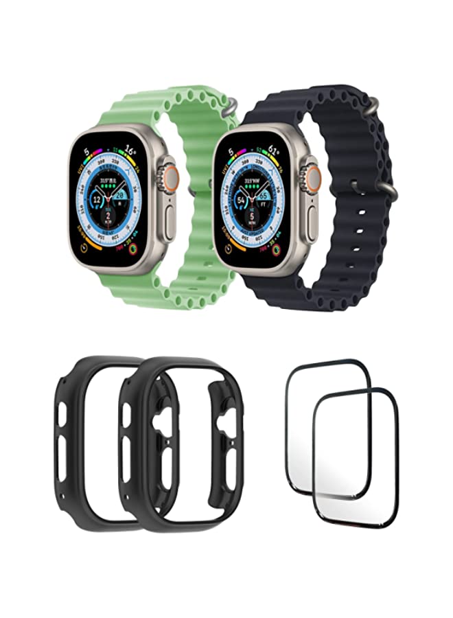 IAF Silicone Ocean Band Strap for Apple Watch Ultra 8 49mm Mint Green/Black , Case Compatible with Apple Watch Ultra 49mm Black/Black , 2* pcs Watch glass Set of 6