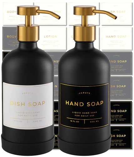 Verute 16oz Glass Soap Dispenser with Stainless Steel Pump, 21 Waterproof Labels, Non-Slip Protective Silicone Pad, Set of 2 for Bathroom & Kitchen (Matte Black Bottle/Brushed Gold Pump) - Image 1