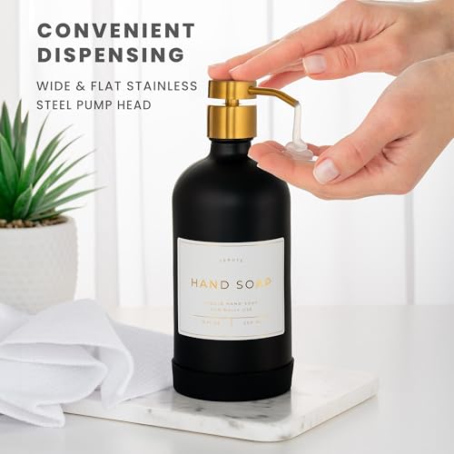 Verute 16oz Glass Soap Dispenser with Stainless Steel Pump, 21 Waterproof Labels, Non-Slip Protective Silicone Pad, Set of 2 for Bathroom & Kitchen (Matte Black Bottle/Brushed Gold Pump) - Image 4