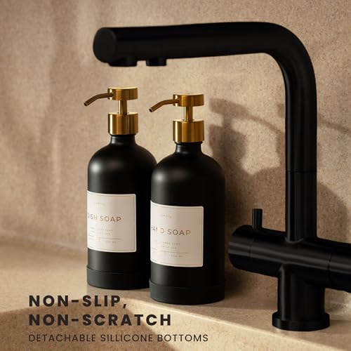 Verute 16oz Glass Soap Dispenser with Stainless Steel Pump, 21 Waterproof Labels, Non-Slip Protective Silicone Pad, Set of 2 for Bathroom & Kitchen (Matte Black Bottle/Brushed Gold Pump) - Image 2