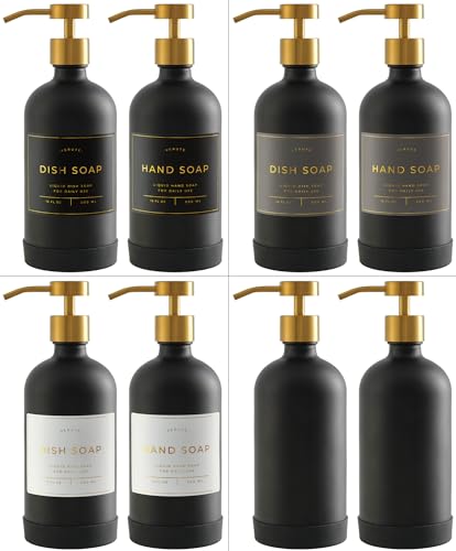 Verute 16oz Glass Soap Dispenser with Stainless Steel Pump, 21 Waterproof Labels, Non-Slip Protective Silicone Pad, Set of 2 for Bathroom & Kitchen (Matte Black Bottle/Brushed Gold Pump) - Image 5