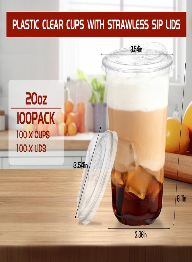 Foxtell 100 Pcs 20 Oz Clear Plastic Cups with Strawless Sip Lids Disposable Round Bottom Togo Cups for Iced Coffee Smoothie Beverage Cold Drinks Disposable Iced Coffee Cups for Party Catering BBQ - Image 2