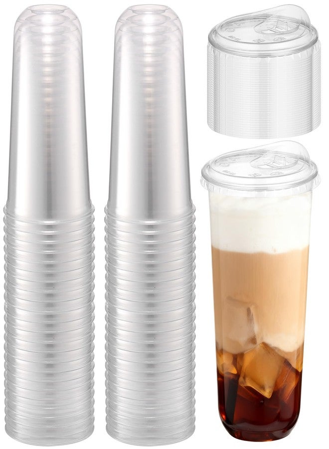 Foxtell 100 Pcs 20 Oz Clear Plastic Cups with Strawless Sip Lids Disposable Round Bottom Togo Cups for Iced Coffee Smoothie Beverage Cold Drinks Disposable Iced Coffee Cups for Party Catering BBQ - Image 1