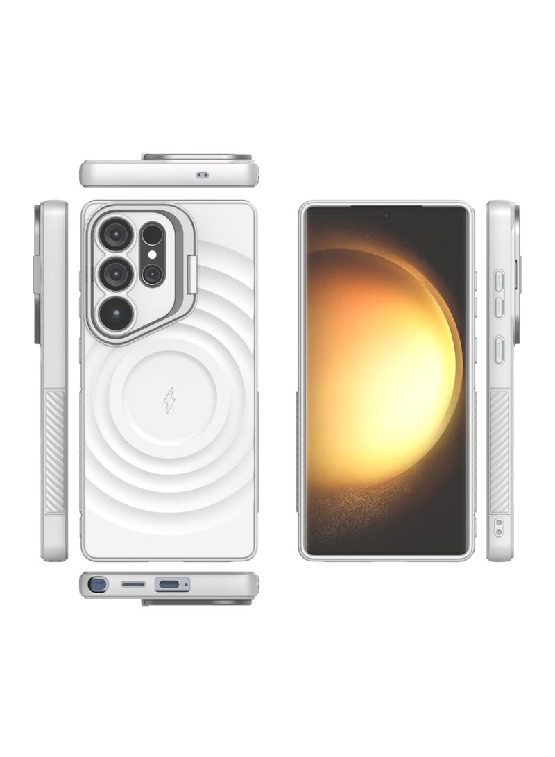 Cover For Samsung Galaxy S25 Ultra Magnetic Phone Corrugated Anti Drop Full Lens Coverage Phone Case with Holder Stand - White - Image 2