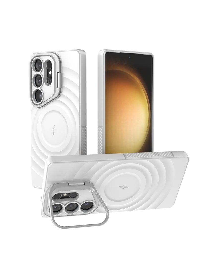 Cover For Samsung Galaxy S25 Ultra Magnetic Phone Corrugated Anti Drop Full Lens Coverage Phone Case with Holder Stand - White - Image 1