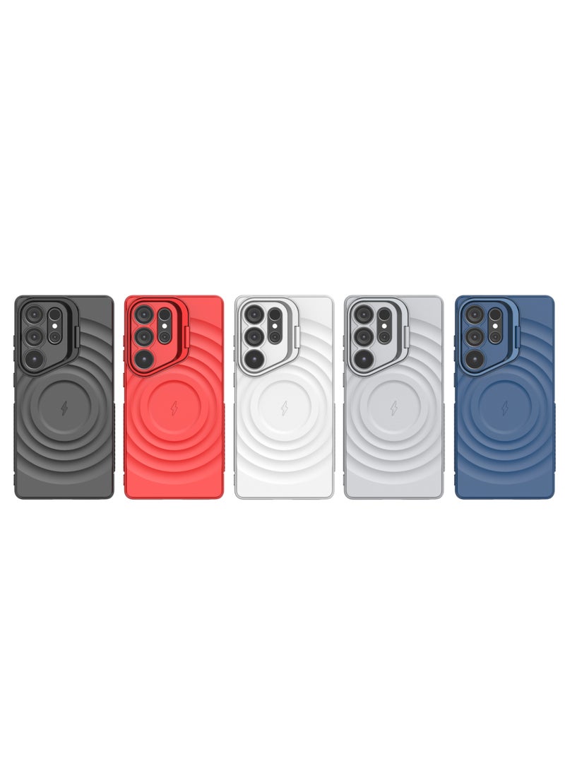 Cover For Samsung Galaxy S25 Ultra Magnetic Phone Corrugated Anti Drop Full Lens Coverage Phone Case with Holder Stand - White - Image 5