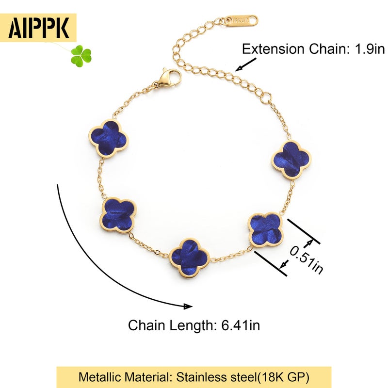 AIPPK 18K Gold Plated Clover Lucky Bracelet for Women White/Black/Red/Green Flower Four Leaf Link Bracelets Trendy Jewelry Gifts for Women (Dark blue) - Image 2
