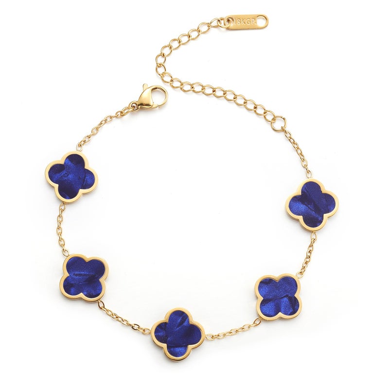 AIPPK 18K Gold Plated Clover Lucky Bracelet for Women White/Black/Red/Green Flower Four Leaf Link Bracelets Trendy Jewelry Gifts for Women (Dark blue) - Image 1