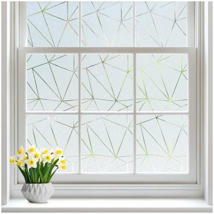 WINDOW PRIVACY FILM WITH DECORATIVE TRIANGLE PATTERN NONADHESIVE FROSTED GLASS WINDOW FILM FOR BATHROOM UV BLOCKING VINYL STICKER FOR GLASS DOOR COVERING 175 X 787 INCHES