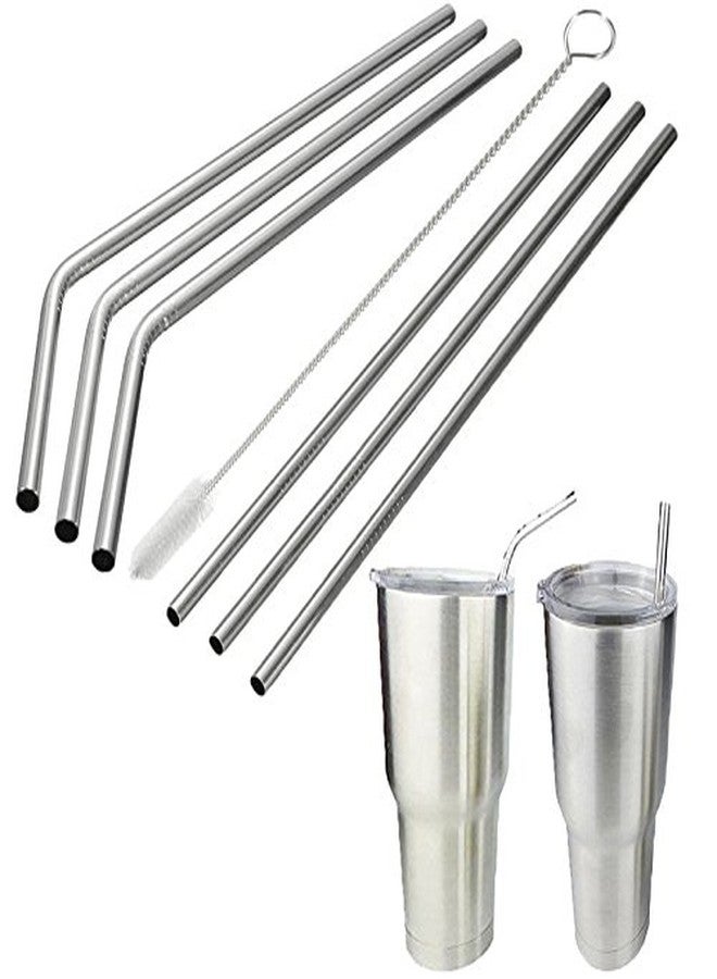 SpiderJuice Set of 6 pcs Metal Stainless Steel Strong Reusable Eco Friendly Drinking Straws Pipe with 1 pc Hard Bristles Flexible Cleaning Brush (3 Pcs Bent + 3 Pcs Straight + 1 Pc Cleaning Flexible Brush) - Image 1
