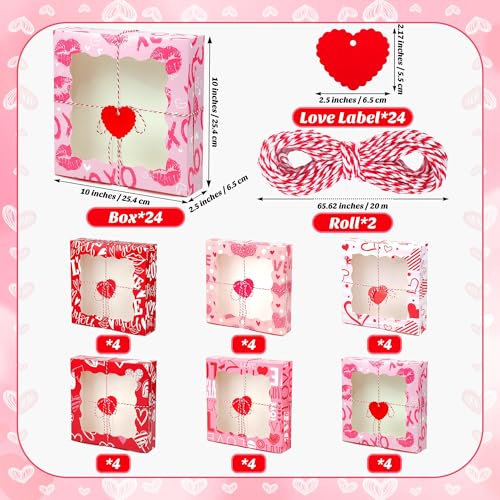 MIMIND 24 Packs Heart Cookie Boxes 10 x 10 x 2.5 Inches Heart Bakery Treat Boxes with PVC Window Cupcake Treat Boxes with Heart Cards Favors for Wedding Cooking Party - Image 2