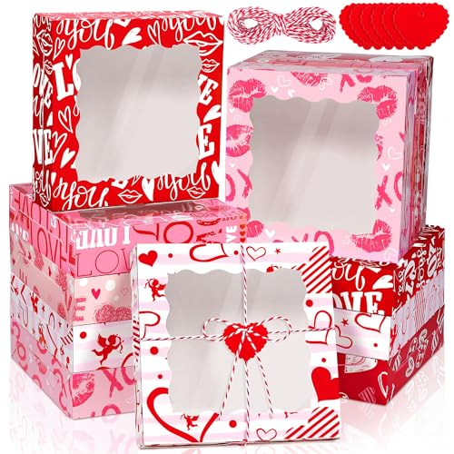 MIMIND 24 Packs Heart Cookie Boxes 10 x 10 x 2.5 Inches Heart Bakery Treat Boxes with PVC Window Cupcake Treat Boxes with Heart Cards Favors for Wedding Cooking Party - Image 1