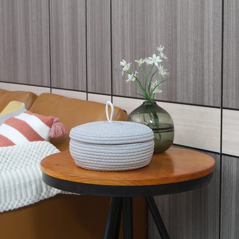 Sea Team Round Cotton Rope Storage Basket with Lid, Decorative Woven Storage Bin, Pot, Caddy, Organizer, Container for Snacks, Towels, Plants, 10 x 4.5 Inches (Small, Shallow, Grey) - Image 2