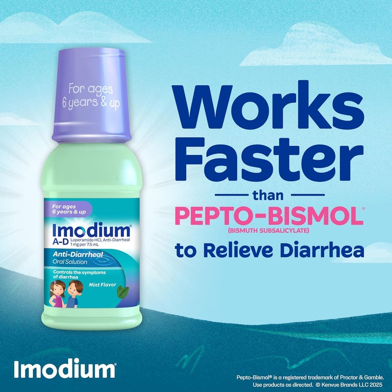 IMODIUM دواء مضاد للإسهال للأطفال A-D سائل مع لوبيراميد HCl، محلول فموي لعلاج أعراض الإسهال والتحكم فيها للأطفال من عمر 6 سنوات فما فوق، بنكهة النعناع، 4 أونصات سائلة - Image 1