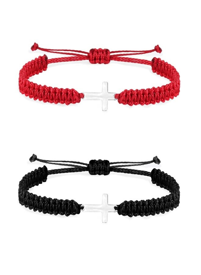 SAELACY Cross Bracelet for Women Men Adjustable Handmade Wax Rope Bracelets for Protection Jesus Christian Cross Matching Bracelets Minimalist Jewelry (black+red) - Image 2