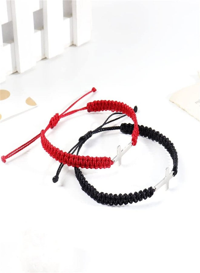SAELACY Cross Bracelet for Women Men Adjustable Handmade Wax Rope Bracelets for Protection Jesus Christian Cross Matching Bracelets Minimalist Jewelry (black+red) - Image 3