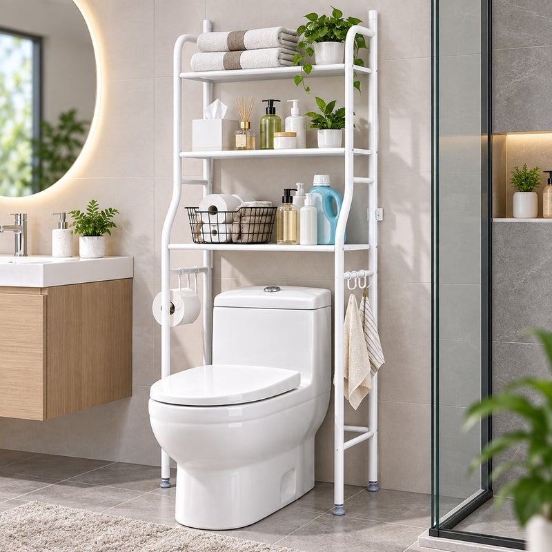 Over Toilet Storage Rack with 3 Shelves and Side Holders White - 14-16 - Image 2
