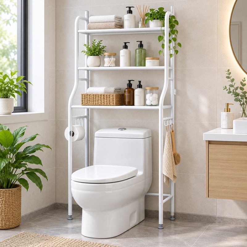 Over Toilet Storage Rack with 3 Shelves and Side Holders White - 14-16 - Image 3