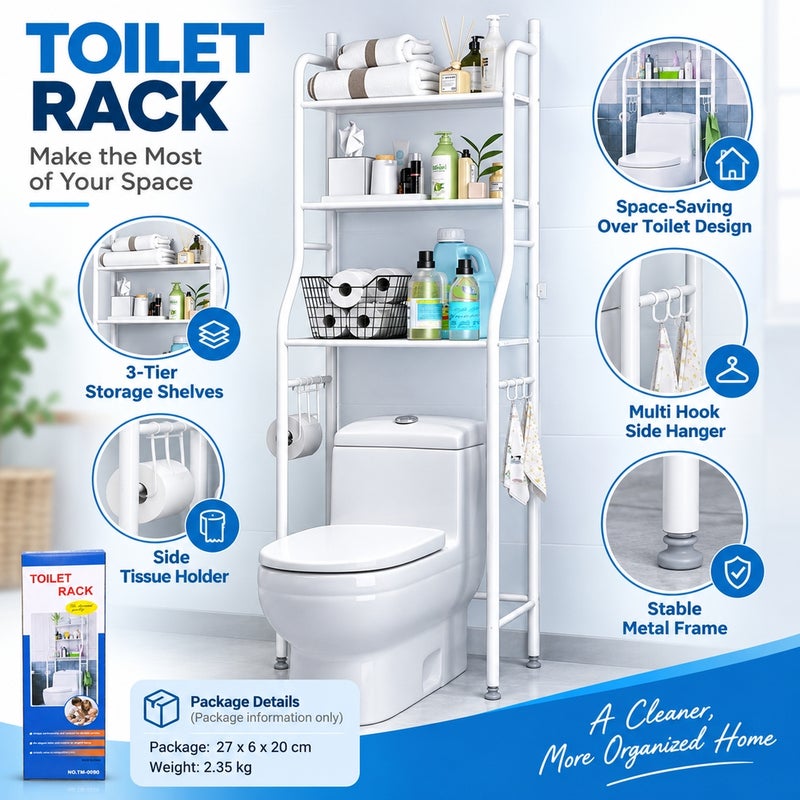 Over Toilet Storage Rack with 3 Shelves and Side Holders White - 14-16 - Image 4