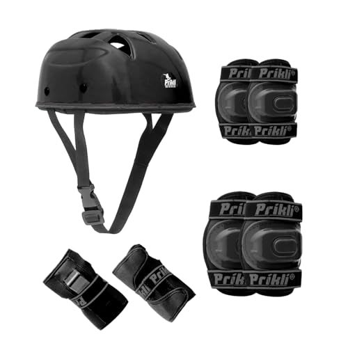 PRIKLI Kids Protective Gear Set 4-in-1 | Knee Pads, Elbow Pads & Wrist Guards for Skateboarding, Roller Skating, Cycling & BMX | Adjustable Velcro Straps | 5-12 Years | Black - Image 1