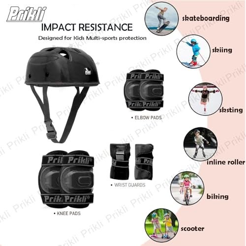 PRIKLI Kids Protective Gear Set 4-in-1 | Knee Pads, Elbow Pads & Wrist Guards for Skateboarding, Roller Skating, Cycling & BMX | Adjustable Velcro Straps | 5-12 Years | Black - Image 2