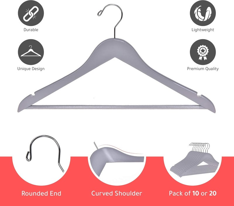 Quality Hangers شماعات خشبية عالية الجودة - مجموعة 20 شماعة منحنية قليلاً - معطف خشبي صلب مع خطافات كروم أنيقة - شماعات ثقيلة للملابس والجاكيت والقمصان والبنطلونات والبدلات (رمادي، 20) - Image 4