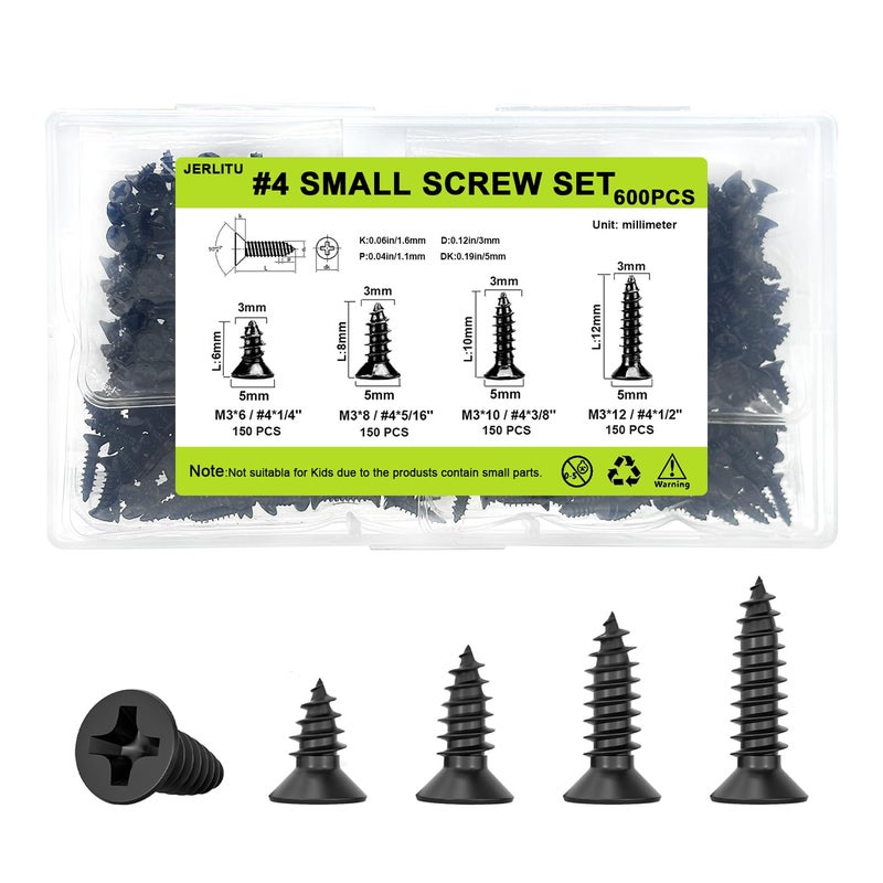 JERLITU Small Wood Screws Assortment Kit - 600pcs M3 Black Wood Screws (6/8/10/12mm) - Short, Cabinet & Tiny Screws for Electronics, DIY & Micro Woodworking - Image 1