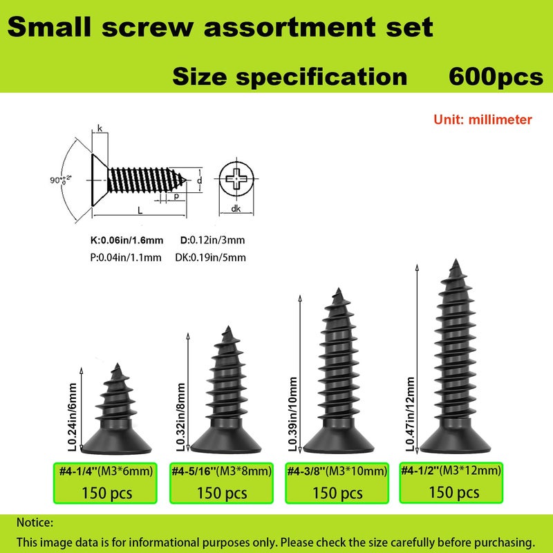 JERLITU Small Wood Screws Assortment Kit - 600pcs M3 Black Wood Screws (6/8/10/12mm) - Short, Cabinet & Tiny Screws for Electronics, DIY & Micro Woodworking - Image 3