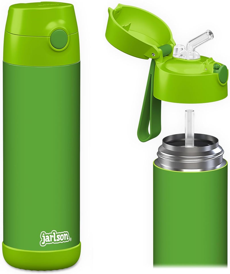 Jarlson قارورة مياه أطفال جارلسون® شارلي [18 أونصة] - قارورة ترمس فولاذية مقاومة للصدأ مع قشة - قارورة مياه معزولة مقاومة للانسكاب للمدرسة والرياضة - كوب ترمس للأولاد والبنات (أخضر) - Image 1
