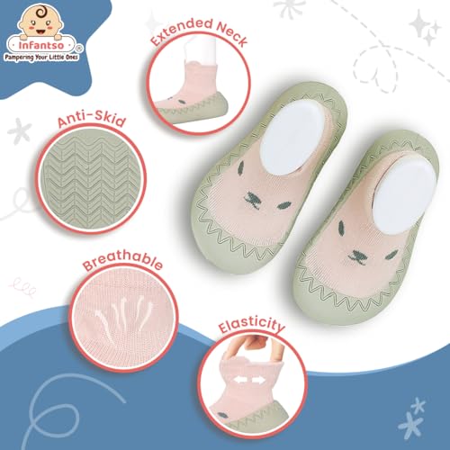 Infantso Teddy Toes Anti-Skid Cotton Baby Socks Shoes with Lightweight Soft Sole for New Born 0-2 Years, Ankle Socks for Infants Shower Gifts, Walking Baby Sneakers 12-18 M - Image 4