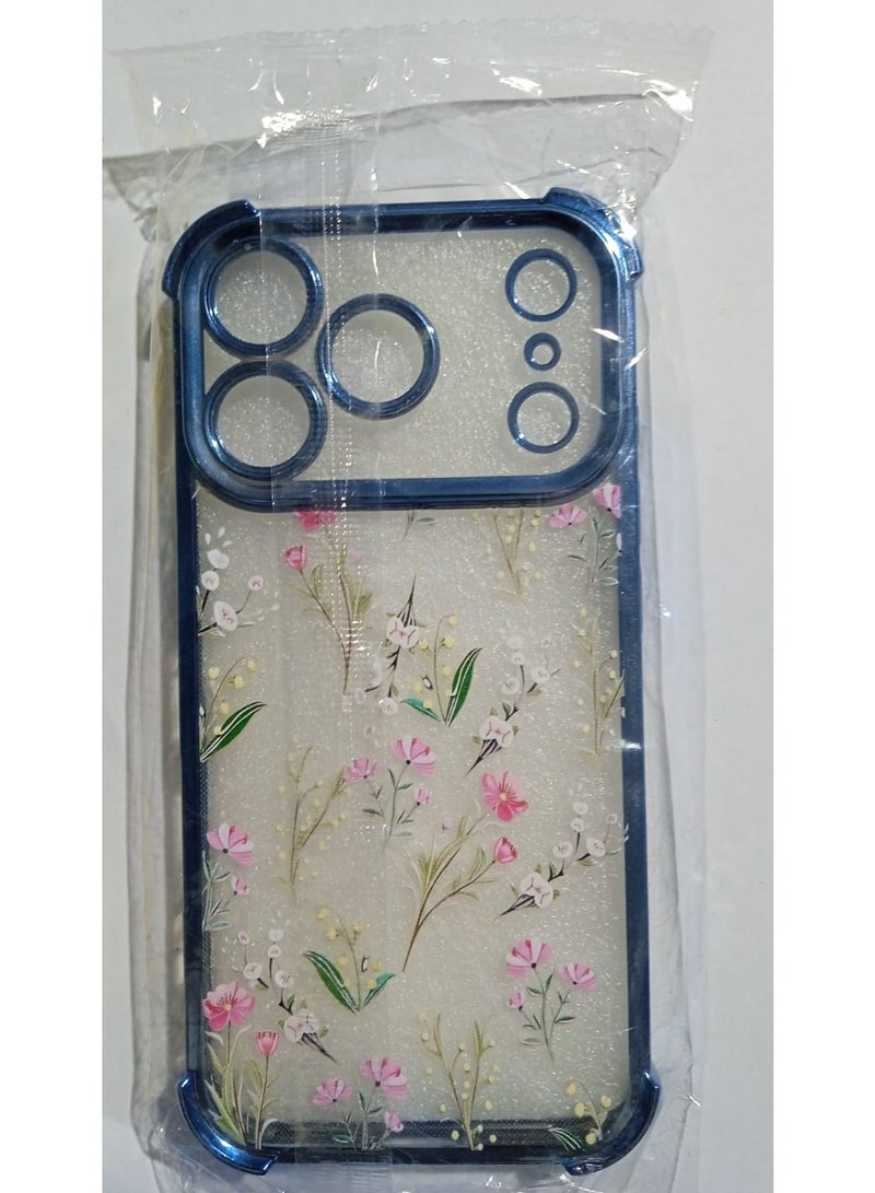 هذه حافظة هاتف شفافة  تتميز بتصميم أنيق مزين بأنماط الزهور الملونة (Floral Pattern). الحافظة مصممة من مادة السيليكون المرن أو الـ TPU المقاوم للصدمات، مع إطار بلون أزرق لامع يحيط بالجوانب ومنطقة الكاميرا لزيادة الحماية والأناقة متوافق مع ايفون 17 برو