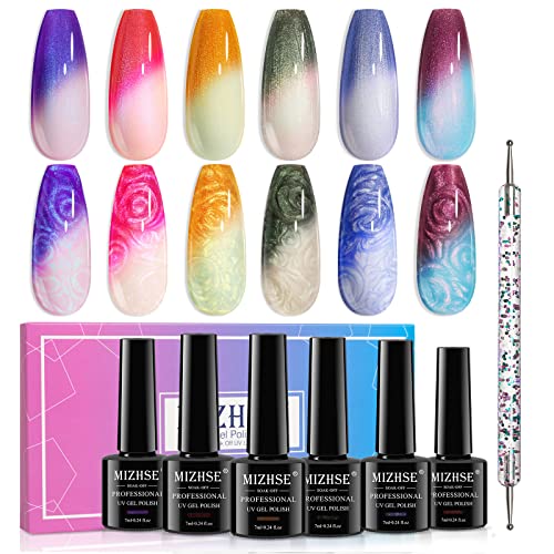 MIZHSE Color Changing Nail Polish Pearl Mood Changing Nails Polish Glitter Drawing Shell Thread Soak off LED Glitter Thermal Nail Gel Polish for Nail Salon Home DIY Manicure Set 6 Colors